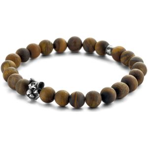 Kaliber 7KB-0171L Kralen Armband - Heren - Tijgeroog - Bruin - 8 mm - 20 cm - Rekbaar - Staal - Grijs