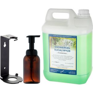 Zeepdispenser 300 ml amber bruin hervulbaar + 5 liter Showergel Eucalyptus navulling (inclusief beugel)