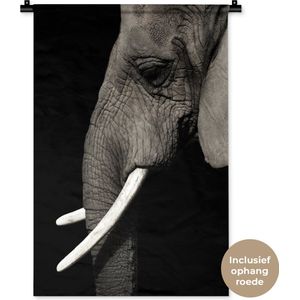 Wandkleed Dieren - Close-up van een olifant op een zwarte achtergrond Wandkleed katoen 60x90 cm - Wandtapijt met foto