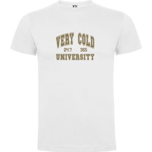 Wit T-Shirt met “Very Cold University“ Afbeelding Goud Maat XL