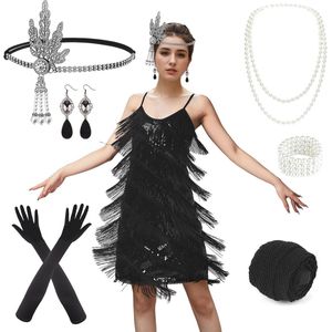 1920s Gatsby Dress Voor Dames - Vintage Flapper Cocktail Party Jurk met Sequins en Fringe - Accessoire Set voor Avondprom