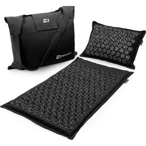 Hop-Sport 3-in-1 spijkermatten acupressuurset: acupressuurmat en kussen incl. massagemat 100% kokosvezels, hoes van katoen en linnen, Zwart