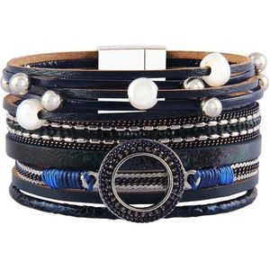 Sorprese armband - Parel Element - Ibiza - armband dames - leer - blauw - cadeau - Model F