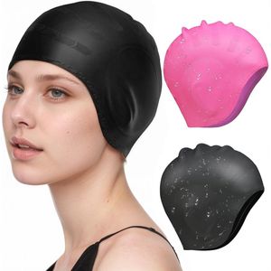Pack of 2 Unisex Silicone Swimming Caps, Ear Protection, Non-Slip Waterproof Swimming Cap, Silicone Cover, Elastic Swimming Cap for Women, Men and Adults
