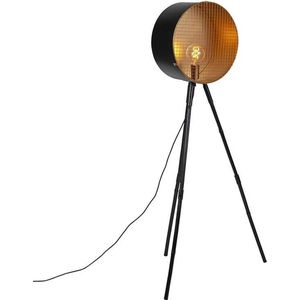 QAZQA barrel fl - Retro Vloerlamp | Staande Lamp met kap - 1 lichts - H 1430 mm - Zwart Goud - Woonkamer | Slaapkamer | Keuken