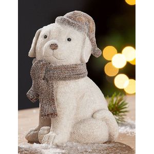 Hond polyresin muts & sjaal 17 cm hoog - herfstfiguur - winterfiguur - beeld - decoratie voor binnen - interieurdecoratie - herfstcollectie - wintercollectie - geschenk - cadeau - gift - verjaardag - Kerst - Nieuwjaar