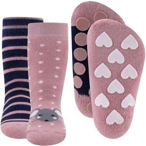 Dubbelpak Antislipsokken met Noppen - Roze met muisje en Blauw met strepen - 17/18