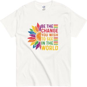 Positieve Inspiratie T Shirt Dames en Heren - Regenboog Zonnebloem - Wit - M