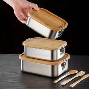Dutchers.® Duurzame RVS Vershoudbakjes met Bamboe sluitdeksel 550 ml - Brooddoos - Roest vrij staal Lunchbox - Hermetic Lunch Box - Meal Prep Bakjes - Broodtrommel Groot - Food Storage Containers