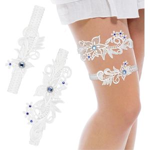 Set van 2 witte bruidskousenbanden met blauw accent - Elegante bruiloft accessoire voor de bruid