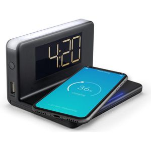Caliber Digitale Wekker - wekker met Draadloze Oplader - Dual Alarmklok - geschikt als kinderwekker - 8 Kleuren Nachtlampje - KleurZwart (HCG018QI-B)