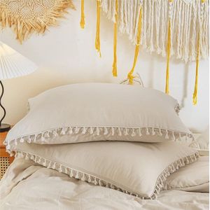 Boheemse kussensloop 40 x 80 cm, set van 2 beige kwastjes, franjes, boho, chic, hoofdkussensloop, gewassen microvezel, kussensloop, luxe meisjes, Bohemian kussensloop met ritssluiting