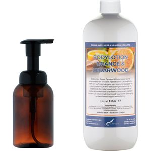 Zeepdispenser 300 ml amber bruin hervulbaar + 1 liter Bodylotion Sweet Orange & Cedarwood navulling