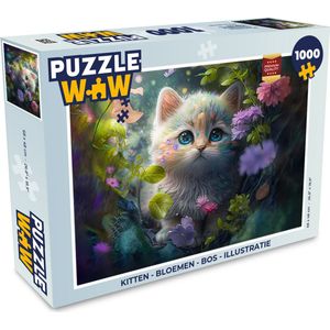 Puzzel Kitten - Bloemen - Bos - Illustratie - Poes - Legpuzzel - Puzzel 1000 stukjes volwassenen