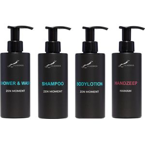 Compleet pakket Zen Moment - Shower & Wash + Shampoo + Bodylotion + Hamam Handzeep - 300 ml per fles - complete set van 4 stuks - bodycare - luxe fles - Cadeau