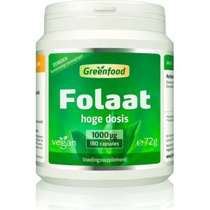 Greenfood Folaat, 1000 µg, extra hoge dosis, 180 capsules. Zonder kunstmatige toevoegingen. Zonder genetische manipulatie. Vegi capsules. Veganistisch.