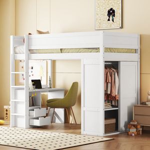 Sweiko 90*200cm Hoogslaper, Kinderbed, Veelzijdig kinderbed, Uitgerust met Kleerkast, Bureau en Laden, Wit(Geen stoelen)