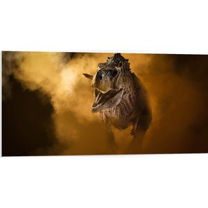 PVC Schuimplaat - Angstaanjagend T-rex Dinosaurs vanuit Oranje Mist - 100x50 cm Foto op PVC Schuimplaat (Met Ophangsysteem)