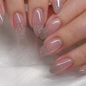 24 Stuks Franse Tip Press On Nails - Korte Ronde Tips - Amandelvorm met Gouden Folie Design - Nepnagels voor Vrouwen - Tip Press On Nails