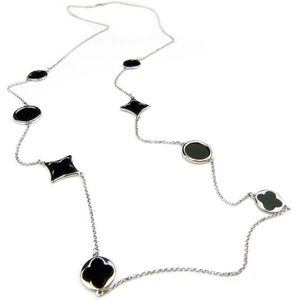 lange zilveren collier halsketting halssnoer gerhodineerd verguld Model Blossom met zwarte stenen