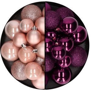 Kerstballen 60x stuks - mix lichtroze/paars - 4-5-6 cm - kunststof - kerstversiering