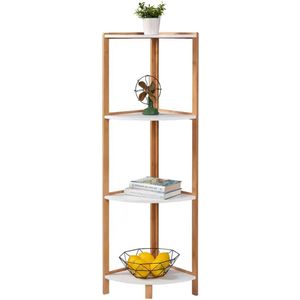 KTN® - Hoekkast - Badkamer Kast - Open Bamboerek - Boekenkast - Boekenrek - Plantenrek - Opbergkast - 4 Laags - Bamboe - Bruin/Wit