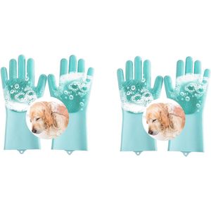 2-paar Siliconen handschoenen voor het wassen van huisdieren - Massageborstel voor het verzorgen van huisdieren - Antikras, anti-bijt, antislip - Vijfvingerig ontwerp - Geschikt voor het wassen en masseren van huisdieren - Groen