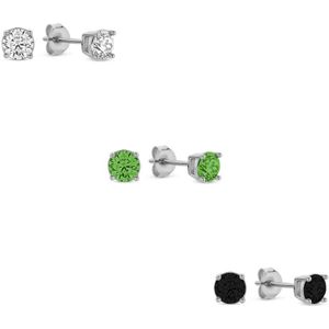 Silventi 9SIL-SET0037 Zilveren Zirkonia Oorknoppen Set 4mm Wit Groen Zwart Earparty - Rhodium - Zilver