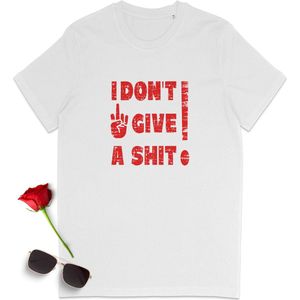 Heren t shirt met tekst: I don't give a shit! - Dames tshirt met rebel quote - Grappig t-shirt voor mannen en vrouwen - Unisex maten: S M L XL XXL XXXL - Shirt kleuren: Wit en zwart.