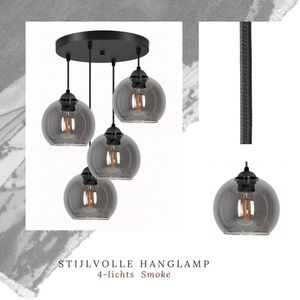 Hanglamp Industrieel voor Eetkamer, Slaapkamer, Woonkamer - Glass Serie - Bollamp 4-lichts excl. lichtbron - Smoke - 4 Bol