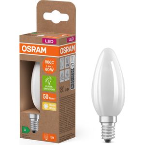 OSRAM Energy Class LED-lamp in klassieke mini-kaarsvorm, 3,8 W / 806 lm, EEK A, warm wit licht (2700 K), CRI 80, gemaakt van mat loodvrij glas, E14 voet, IP20, 35 mm diameter.