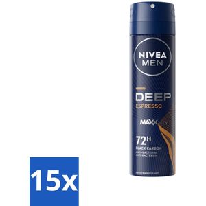 15 x NIVEA MEN - Deodorant Spray - Deep Espresso - 150 ml - Anti-transpirant Spray - 72 Uur Bescherming - Espresso Geur - Huidbescherming - Mannelijke Geur