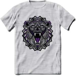 Beer - Dieren Mandala T-Shirt | Paars | Grappig Verjaardag Zentangle Dierenkop Cadeau Shirt | Dames - Heren - Unisex | Wildlife Tshirt Kleding Kado | - Licht Grijs - Gemaleerd - XL