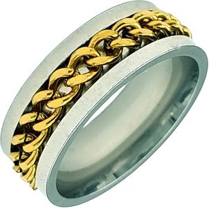 Tesoro Mio Michel – Stalen Anxiety Ring – Spinning Ring Met Draaibare Ketting – Staal In Kleur Zilver Met Goud – 21 mm / Maat 66