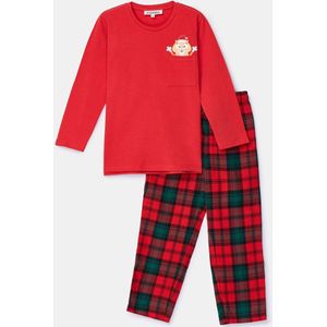 Woody – Kerstpyjama voor Jongens & Heren – Rood-Groen – Katoen met Flanellen Broek – Schotse Ruit - 16 jaar