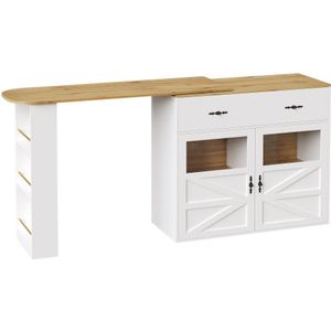 Uitschuifbare bartafel met opbergruimte (138-204×39×104cm), 360° draaibare eettafel, moderne verrijdbare bartafel, hoge tafel keukeneiland bistrotafel, dressoirkast met planken, wit