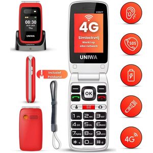 Uniwa Senioren Telefoon Klapbaar - 4G - SOS-Noodknop - Senioren Mobiele Telefoon - Senioren GSM - Grote Toetsen en 2.4″ Scherm - Oplaadstation - Nederlandstalig - Dubbel Scherm - Simlockvrij - Incl. Polsband