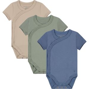 Bamboo Basics Mikky - Bamboe Baby Meegroei Overslagromper (Multipack 3 stuks) - Korte Mouwen - Zijdezacht - Ademend - Beige, Groen & Blauw - 68