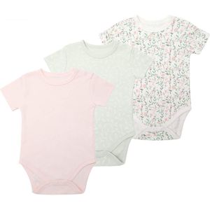 Baby Berliée - Set van 3 katoenen body's met korte mouwen - Pasgeboren - Rompertjes voor Meisjes - Groen/Roze/Wit - Bloemen (3-6 Maanden)