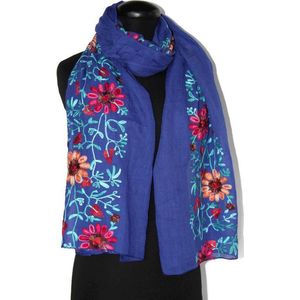 Konings blauwe dames sjaal met kleurrijke geborduurde bloemen - 90 x 165 cm