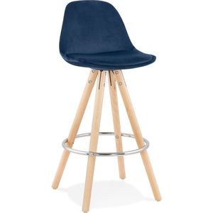 Halfhoge barkruk 'SPIRIT MINI' in blauw fluweel en poten in hout met natuurlijke afwerking