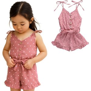 Joya Kids® Meisjes Broekpakje met Strik | Baby & Peuter Jumpsuit met Ruffles | Zomer Romper Oud Roze met Hartjes | Zomersetje Roze met Strikken en Hartjes | Luchtige Zomerkleding Meisje | Jumpsuit | Maat 80 t/m 120 | 6 Maanden tot 5 jaar | Maat 80