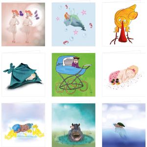 Kaartenbizz - Wenskaarten - Kunstkaarten - Voor de kleintjes - Danseresjes, Hug, een zeemeermin op een dolfijn, Kuiken genaamd Gele kiwi, een baby in een knuffeldoek, een baby in een wandelwagen, drie keer een geboortekaartje, een nijlpaard in bad.