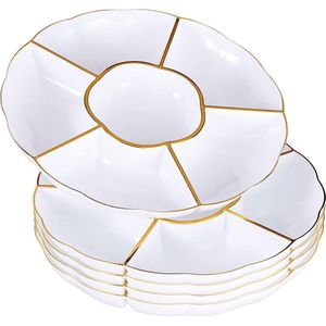 5 Serveerborden met Vakjes van Kunststof (31cm) Tapasbord Wit met Gouden Rand, Dipschaal, Snackbord, Hapjesbord - Picknick & Feestjes - Herbruikbaar