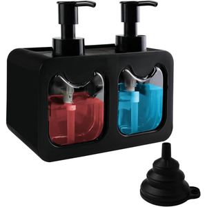 Keukenset met afwasmiddeldispenser 350 ml - 4-in-1 keukenspoelbak-organizer voor keuken en badkamer (zwart) met borstelhouder sponshouder trechter