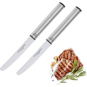 Steakmessen - Set van 2 keukenmessen met gekartelde rand - 12 cm lemmetlengte - Vesper mes van 100% roestvrij staal - ook ideaal als broodmes geschikt - (zilver/zwart)