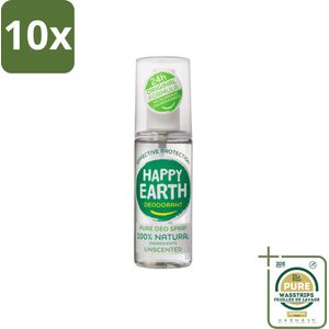 10 x Happy Earth – Deodorant Spray – 100% Natuurlijk Unscented – 100 ml - Grootverpakking - 100% Natuurlijk - Geurloos - Hypoallergene Deodorant - Natuurlijke Mineralen - Biologische Aloë Vera
