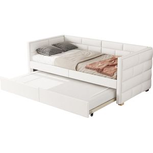 Merax Slaapbank 90x200 cm – Luxe Gestoffeerd Eenpersoonsbed met Uitschuifbed 90x190 cm – Beige