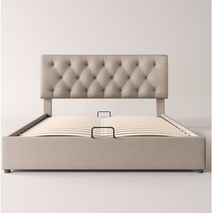 Hydraulisch tweepersoonsbed gestoffeerd bed 160x200cm, verstelbaar hoofdeinde, bed met lattenbodem van metalen frame, modern bedframe met opbergruimte, naturel