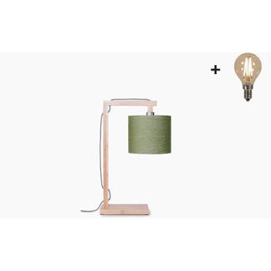 Tafellamp – HIMALAYA – Naturel Bamboe - Groen Linnen - Small (18x15cm) - Met LED-lamp